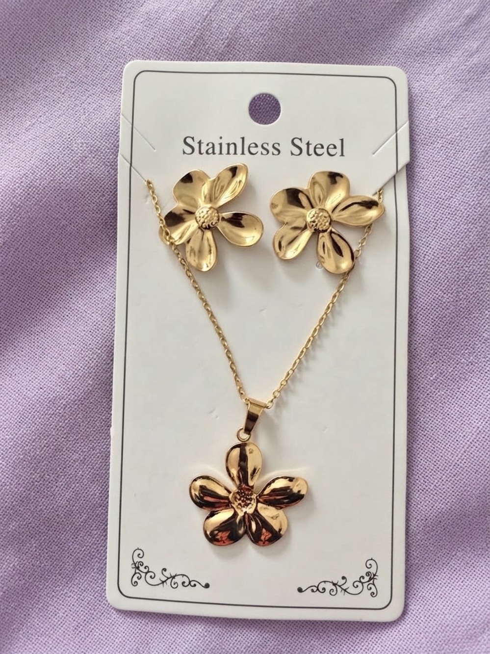 Gold Flower Stainless Steel Necklace & Earring Women Set.